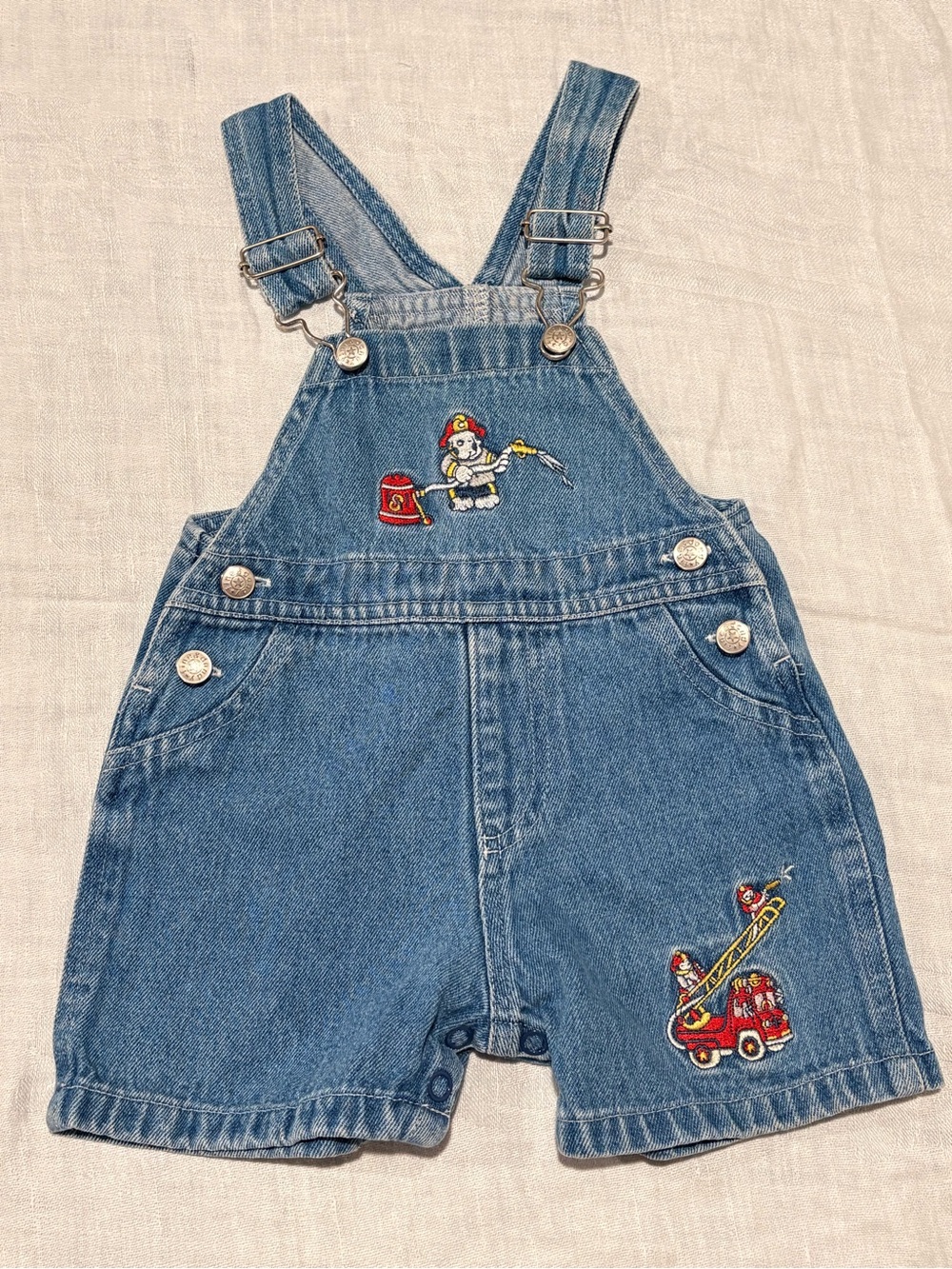Vintage Y2K Fire Truck/ Fire Fighter Dog Denim Overall Shorts  12 Months